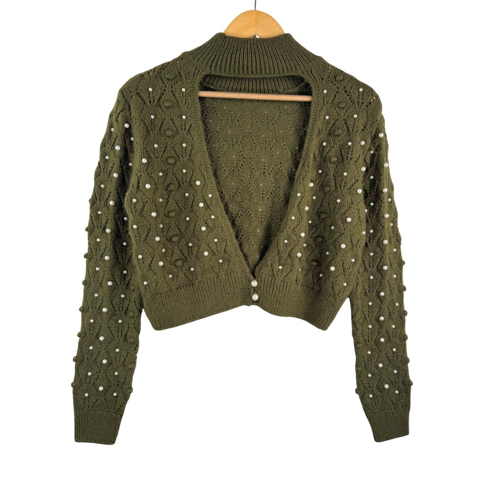 Zara Knit Sweater Olive Green Pearl Beaded Mock sweater cropped money boho‎ sz L